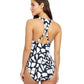 Back View Of Free Sport Geo Club Round Neck Y-Back Zipper One Piece Swimsuit | FREE SPORT GEO CLUB BLACK AND WHITE